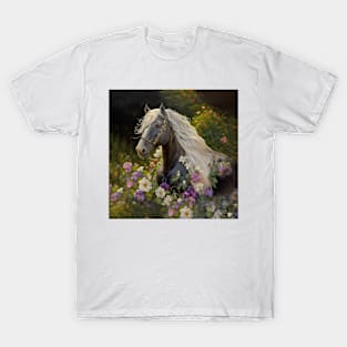 Black Horse with White  Mane Flowers T-Shirt